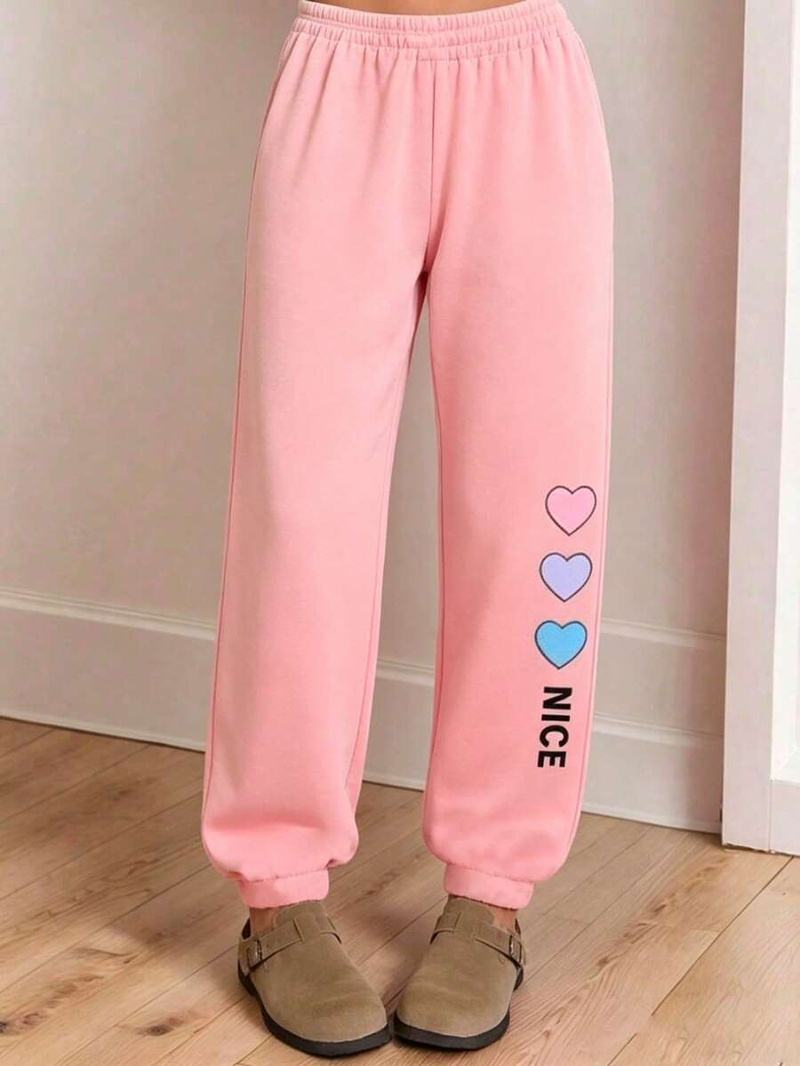 Conjunto de 3 piezas de pantalones de chándal con estampado de corazón para niñas preadolescentes - Multicolor - Ver 1