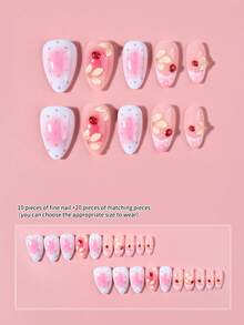 30pcs Short Almond Gradient French Press-On Fake Nails, 3D Gel Ladybug And Flower, Polka Dot Pattern, Acrylic Fake Nail Set, Includes: 1pc Jelly Glue And 1pc Nail File, - Multicolor - View 4