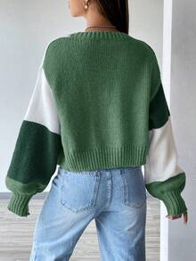 Women's Short Knitted Cardigan For Spring And Summer, Color-Blocked Open-Front Lantern Sleeve Loose Casual Sweater, Casual Preppy Style - Green - View 4
