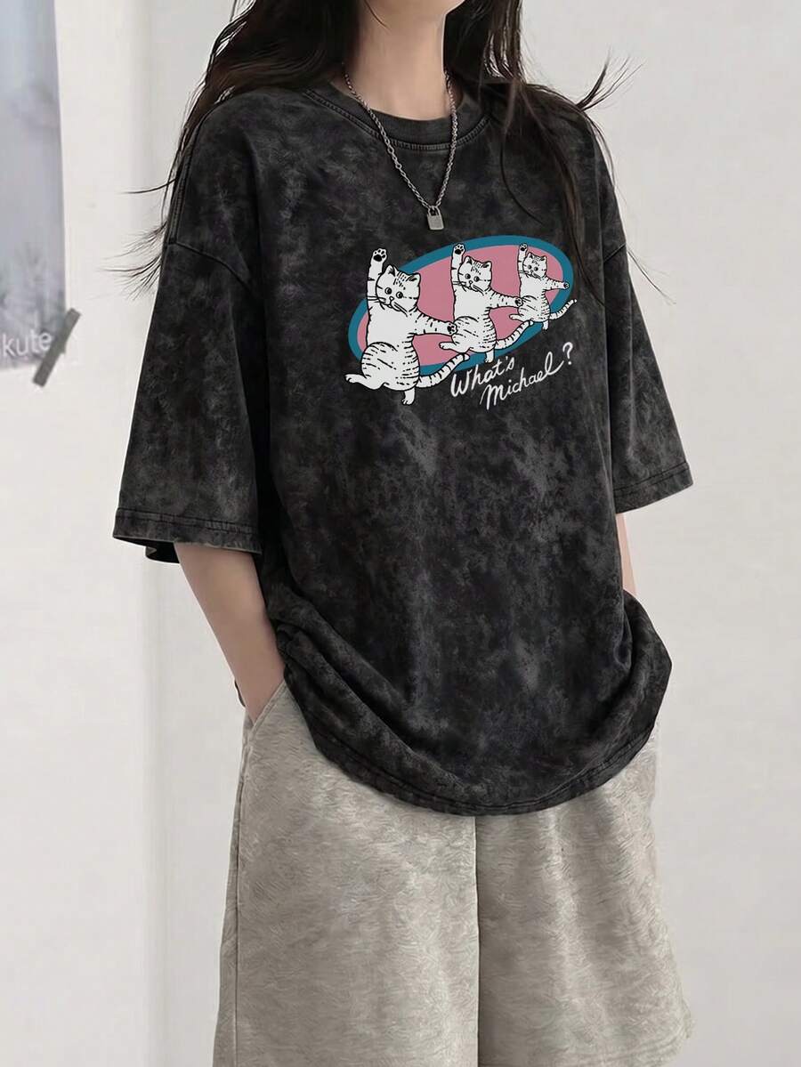日式女款寬鬆圓領復古紮染卡通貓咪印花短袖T恤，夏季休閒黑色