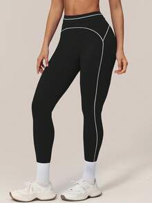 TimeOff Women's 1pc Colorblock White Line Decor High Waist Tummy Control Cropped Sports Long Pants - Black - View 8