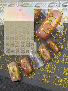 1 pieza Pegatinas de arte de uñas de lujo dulce y fresco con líneas de lámina de oro, con diseños de oso, lazo y corazón delineados en oro, ambiente minimalista exquisito, adecuado para estilo maduro, ir al trabajo, uñas elegantes, looks simples, perfecto para amantes de los detalles, mujeres profesionales, principiantes en el arte de uñas DIY, chicas dulces y frescas - Multicolor - Ver 2