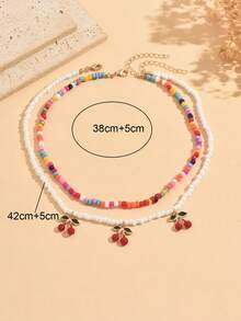 2 piezas Collar de moda dulce y colorido con cuentas de arroz mezcladas, cuentas de arroz blancas, colgante de cereza con cuentas, collar lindo para niñas, collar exquisito de doble capa, adecuado para vacaciones en la playa, uso diario, collar versátil - Multicolor - Ver 4