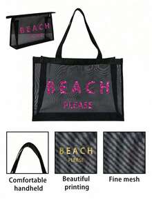 大容量网眼沙滩包套装，“BEACH PLESE”图案网眼袋，金色亮片字母，化妆包，镂空网眼沙滩手提包，网眼化妆收纳袋，可折叠大容量游泳包，字母装饰网眼沙滩手提包 - 彩色 - 查看 7