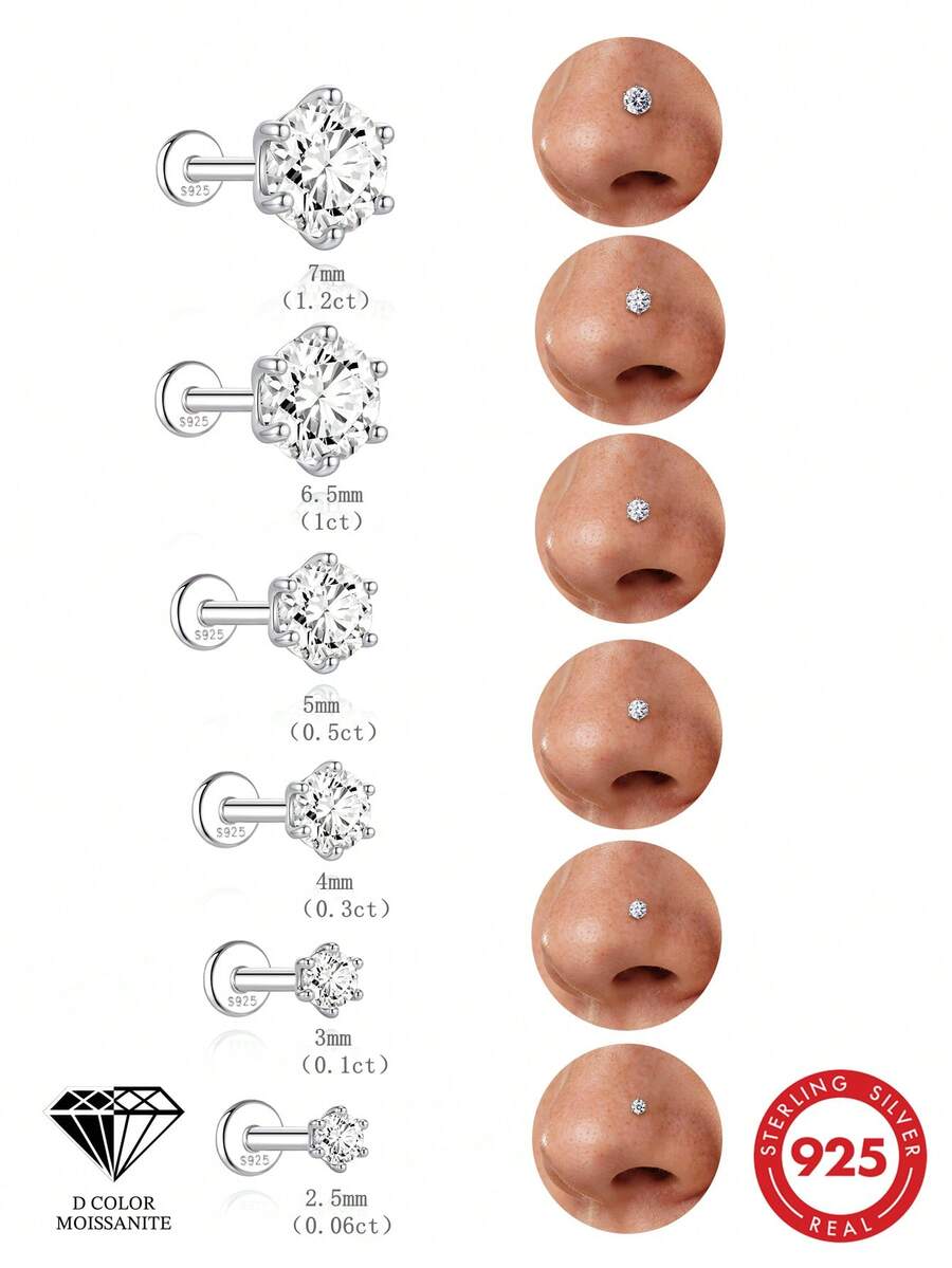 1pc 2.5-7MM 925 Sterling Silver Moissanite 6-Prong Nose Stud, Hypoallergenic Body Piercing Nose Ring, Women's Daily Party Birthday Gift - Silver - View 1