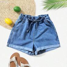 yonghongmaoyi1 Shorts en mezclilla de cintura con volante bajo de doblez - Azul lavado medio - Ver 7