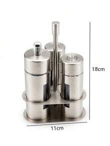 3/4Pcs Stainless Steel Kitchen Condiment Container Set, Oil Dispenser And Seasoning Jars With Holder For Home, Restaurant And Dining Table - Silver - View 10
