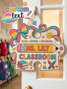 1pc Personalized Custom Teacher Name Classroom Door Sign, Custom Text Design, Cute Themed Welcome Plaque(School Supplies/Flower/Rainbow), Durable Wood Hanger With Rope, Ideal For Classroom Door/Nursery Decor, Thoughtful For Teacher'S Day Gift - Multicolor - View 11