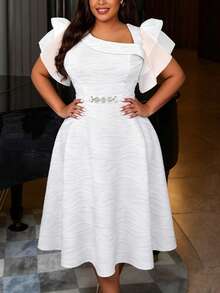 Plus Size A Line Pleated Textured Dress Asymmetrical Neck Short Puff Sleeves Water Ripple Patchwork Organza Elegant Party Evening Wedding Guest Gowns - White - View 7