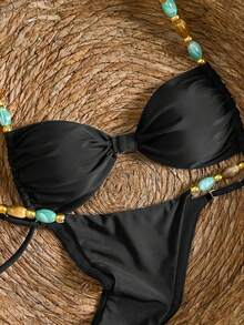 Conjunto de Bikini con Cuello Halter y Amarre en la Espalda para Mujer, Estilo Bohemio con Bloques de Color y Tirantes de Hombro con Cuentas, Adecuado para Vacaciones en la Playa Blan - Negro - Ver 9