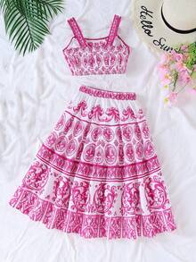 Bộ áo không tay và chân váy midi cho bé gái, mùa hè - Màu Hồng Tươi - Xem 2