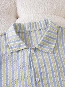 Conjunto de 3 piezas de ropa para niñas, con rayas verticales azules, amarillas y blancas con textura de tela arrugada de burbujas, una camisa de cuello casual, brillante - Amarillo - Ver 8