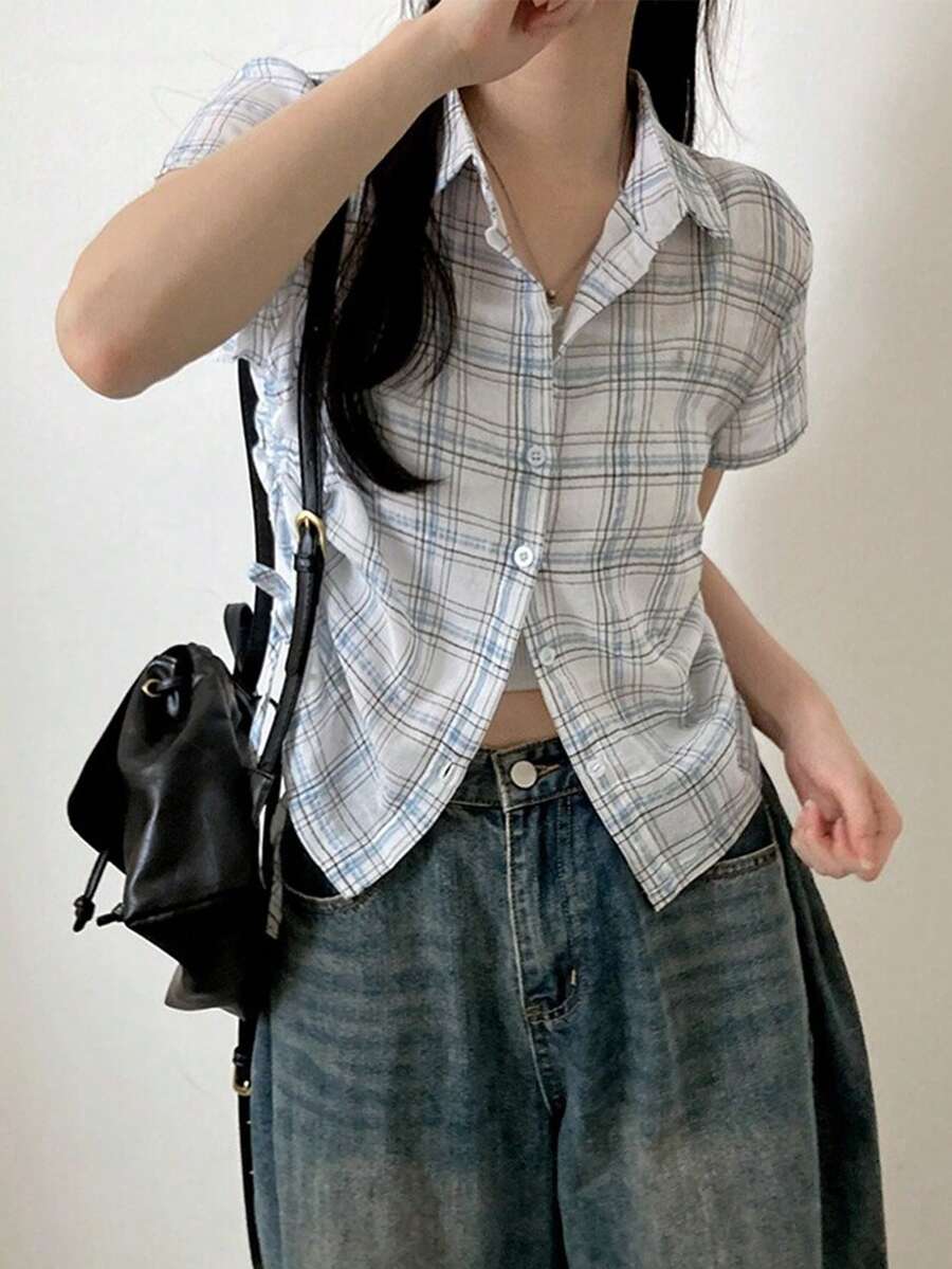 Kemeja Lengan Pendek Kotak-kotak Semi-Transparan Model Slimming Gaya Jalanan Korea Musim Panas dengan Tali Serut - biru muda - View 1