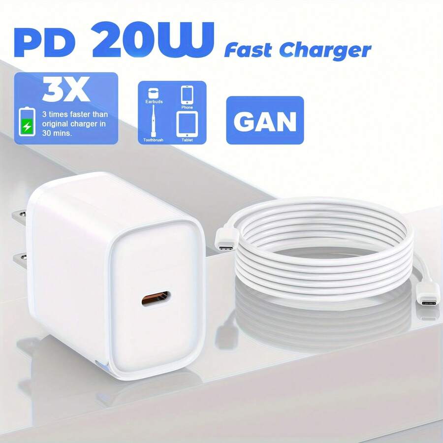 USB-C GaN 充電器 - 20W Type-C 充電適配器附 39.37 英吋 Type-C 充電線，充電指示燈，適用於 iPhone 15/16 系列、Galaxy 及其他裝置