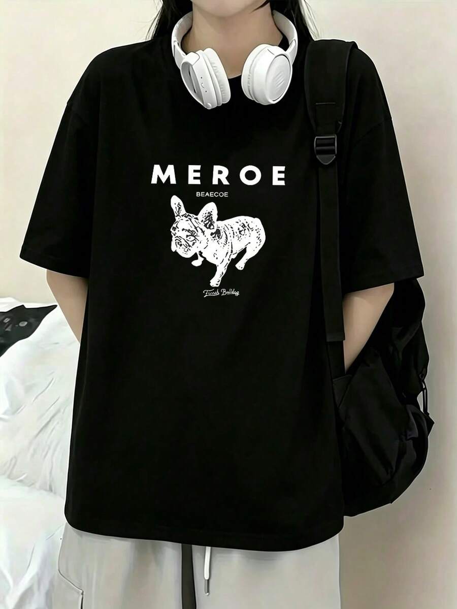 Women's Casual Black Bulldog Print Short-Sleeve T-Shirt, Round Neck, Drop Shoulder Top, Relaxed Fit, Knit Fabric, Streetwear Style - Black - View 1