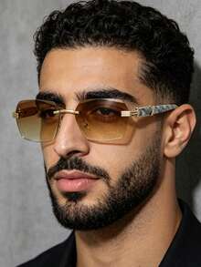 1pc Frameless Rectangular Men's Fashion Glasses Vintage Glasses Suitable For Outdoor Vacation Use - Brown - View 3