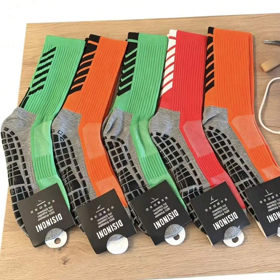 Kit Of 5 Pairs Of High-Quality Cotton Non-Slip Soccer Socks, High-Top - verde laranja vermelho - 查看 1