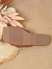 2026 New Vacation Style Bohemian Hollow Artificial Woven Breathable Buckle Mule Women's Sandals, Flat Casual Comfortable Elegant Clog Shoes, Lightweight, Breathable, Suitable For Daily Casual, Shopping, Beach, Office And Other Occasions - Brown - View 7