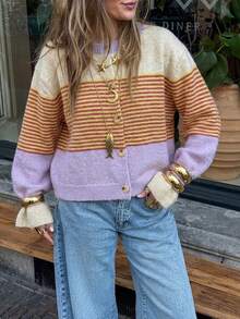 2026 Autumn/Winter New Fashion Wool Material Casual Retro Lazy Dopamine Style Pink & White Color Block Striped Loose Sweet Women's Cardigan Fall - Multicolor - View 6