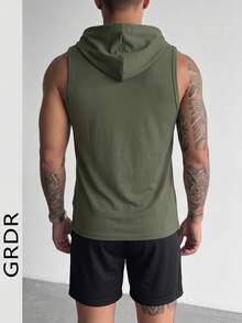 GRDR 男士纯色抽绳连帽休闲百搭背心 - 軍綠色 - 查看 4