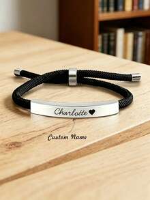 suteyi Personalized Engraved Name Bracelet - Adjustable Black Cord Stainless Steel Bar Wristband Custom Gift For Her/Him - Multicolor - View 1