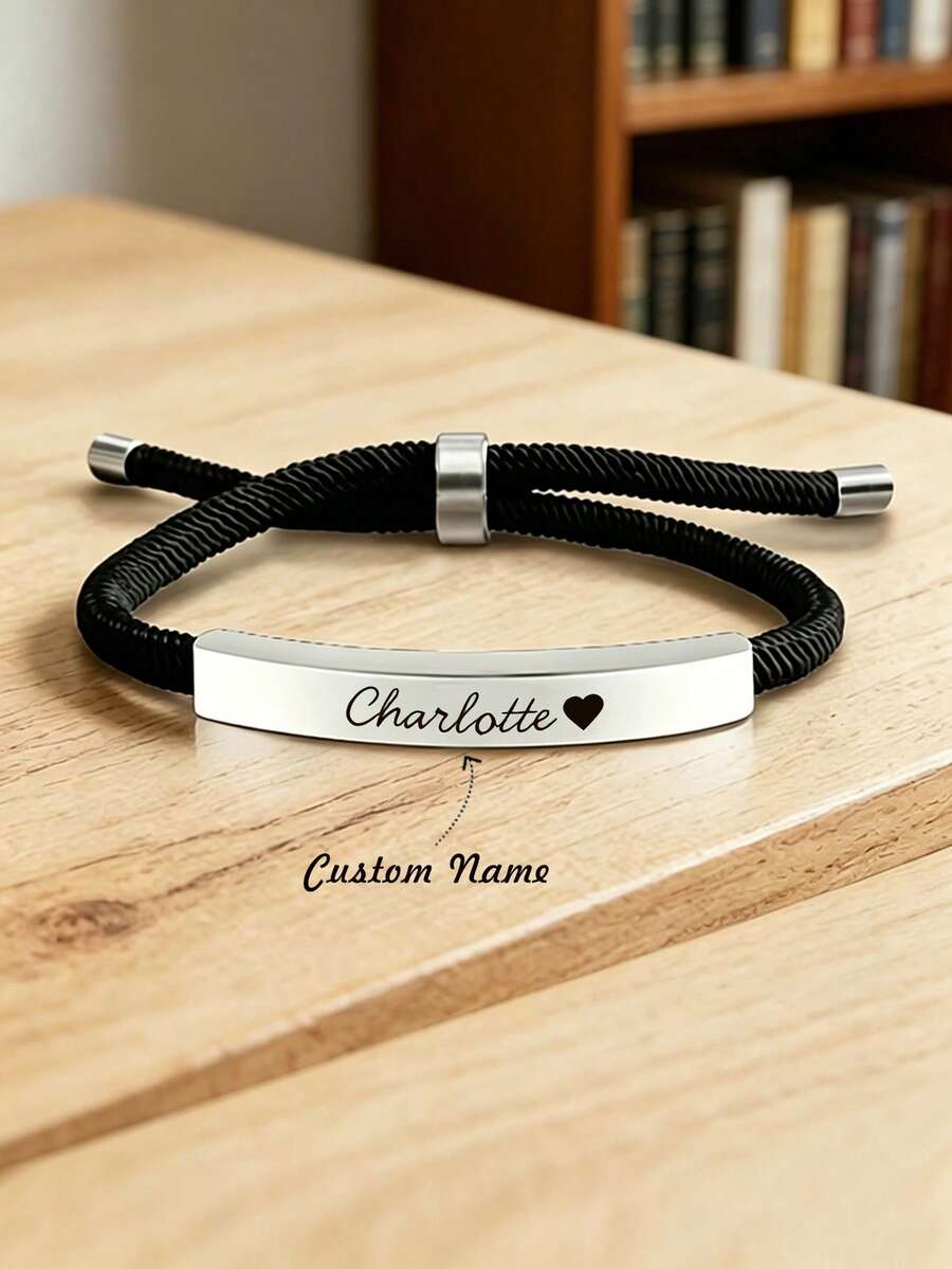 suteyi Personalized Engraved Name Bracelet - Adjustable Black Cord Stainless Steel Bar Wristband Custom Gift For Her/Him - Multicolor - View 1