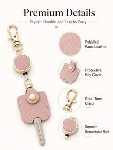 1pc Cute Faux Leather Retractable Keychain, For Women, 11.81 Inch Stretchable Key Ring With Gold Buckle, Suitable For ID Badge, Car Keys And Handbag - Multicolor - View 7