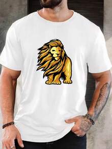 T-shirt casual de manga curta com estampado gráfico de leão para homem, top de verão, presente de Natal e Ano Novo para ele - Branco - Ver 6