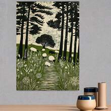 Póster plano 2D, 2D plano, 1 pieza sin marco de ovejas del bosque verde, paisaje de senderos del bosque, pintura en lienzo, arte de pared creativo, regalo de cumpleaños, sala de estar, dormitorio, cocina, baño, decoración de pasillo y reutilizable - Enmarcado - Ver 3