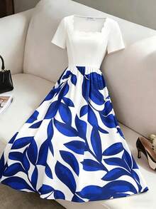 Dirp Noir Women's Early Autumn White & Klein Blue Large Leaf Plant Contrast Print Patchwork Wavy Square Neck Short Sleeve Ruched Mid-Length Drape Satin Dress, Suitable For Independence Day City Street Parade, European Town Street Photography, Light Business Afternoon Tea, Beach Casual Date, Spring/Summer Short Trip, Mexican Style - Blue and White - View 6