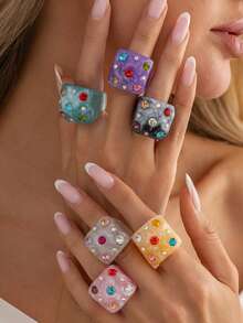 6 piezas/Set de anillos de resina con incrustaciones de strass, diseño geométrico exagerado, colorido, versátil, creativo, único, elegante y de alta gama para mujer, uso diario, joyería para fiestas y vacaciones - Multicolor - Ver 7