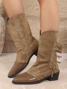 Autumn/Winter New Women's Thick Heel Mid-Calf Boots Tassel Black Vintage British Style Versatile Outdoor Riding Boots - Khaki - View 6