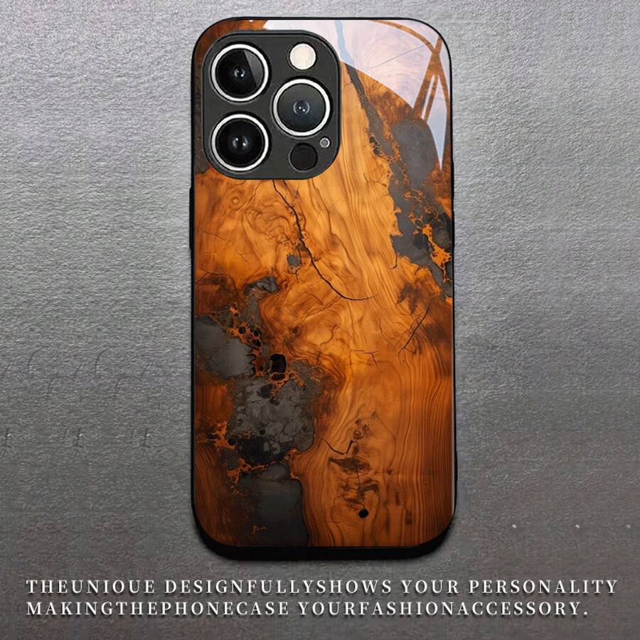 24h Shipping From DE – Coque téléphone : Motif d'art en bois de résine épissé, verre trempé noir – Élégante – Apple 11/12/13/14/15/16/17 Pro Max/Plus/SE/Air – Galaxy S21/S22/S23/S24/S25 Ultra - 1 imagen principal - Ver 1