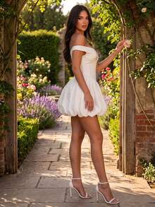 Off-The-Shoulder Dress With Straight Shoulders, Fitted Silhouette, And Sexy Drop Shoulders Featuring Puff Sleeves And A Bud-Shaped Skirt - 白色 - 查看 3