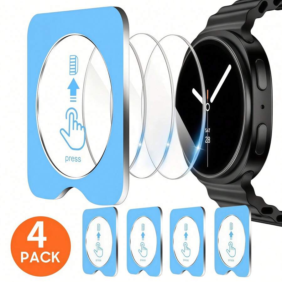4片裝鋼化玻璃螢幕保護貼組，適用於 Galaxy Watch7-40mm / Watch7-44mm / Watch7 Ultra-47mm / Watch8 Classic-46mm / Watch8-40mm / Watch8-44mm 系列，自動對位安裝套件，9H 鋼化玻璃，高解析透明，防刮，無氣泡