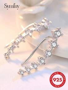 SYMFNY A Pair Of Affordable Luxury 925 Sterling Silver Double-Row Earrings Featuring Exquisite Cubic Zirconia Stones - Silver - View 2