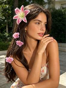 1 pezzo Accessorio per capelli con fiore di giglio bohémien primavera/estate, copricapo con catena di perle e nappe per donna, fermaglio per capelli con decorazione di fiori finti, stile romantico per pendolarismo, viaggi & vacanze, fermagli per capelli, forcina - Multicolore - Visualizzare 2