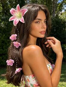 1 pezzo Accessorio per capelli con fiore di giglio bohémien primavera/estate, copricapo con catena di perle e nappe per donna, fermaglio per capelli con decorazione di fiori finti, stile romantico per pendolarismo, viaggi & vacanze, fermagli per capelli, forcina - Multicolore - Visualizzare 3