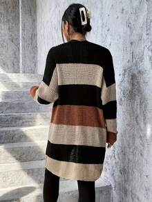 Plus Size Striped Colorblock Pocket Knit Cardigan - Multicolor - View 3
