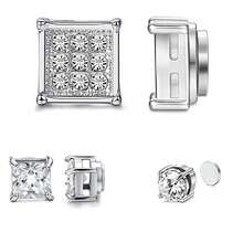 3pcs/Set 6-8MM Single Stainless Steel Ear Studs, Unisex, No Piercing Required, Round & Square Inlaid, Low Hypoallergenic, Clip-On Earring Set, 6mm - Square Magnet Set - View 4