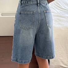 xuehuamaoyi02  Shorts vaqueros tipo bermuda de ajuste holgado con bolsillos para mujer, estilo Y2K para el verano - Azul - Ver 3