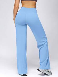 NcmRyu Celana Olahraga Wanita Model 1 Potong, Warna Polos, Pinggang Tinggi, Kontrol Perut, Potongan Lurus - Baby Blue - View 3