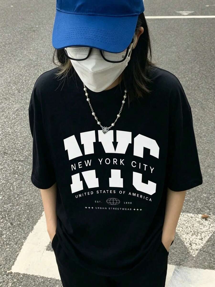 Women's Casual NYC Letter Graphic T-Shirt, Black Round Neck Short Sleeve Drop Shoulder Knit T-Shirt Streetwear Style - Black - View 1