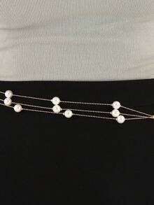 1 pieza Cadena de cintura de metal con perlas de 3 capas multicolor para mujer, accesorio de cadena corporal para camisas y vestidos, cinturón delgado versátil y minimalista de moda, adecuado para uso diario, salidas, ocio, fiestas, reuniones, estilo Cute Core - A - Ver 2