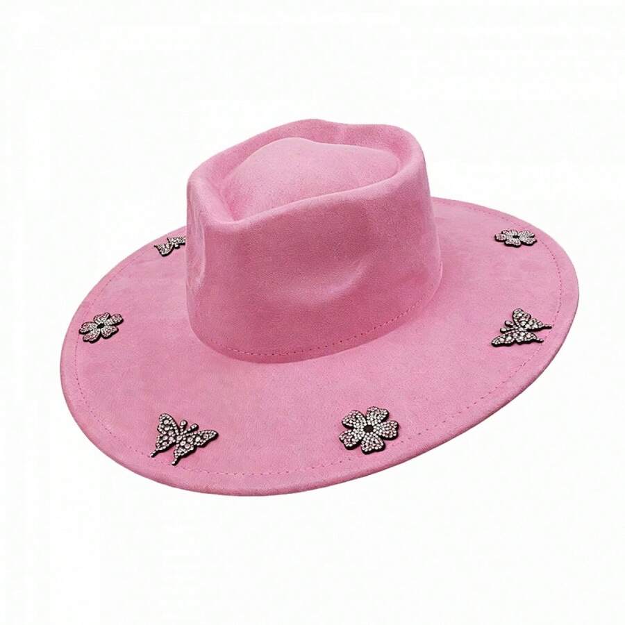 Elegant Felt Hat With Sparkly Rhinestone Butterfly Flower Details For Daily Vacation Outfits - Pink - View 1