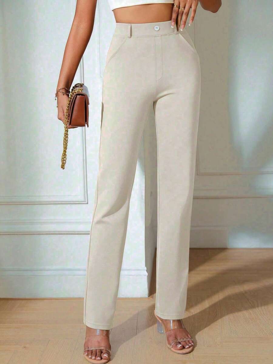 Pantalones rectos de cintura alta, elegantes para la primavera - Beis - Ver 1
