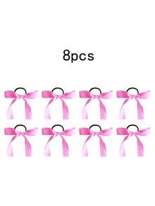8pcs/Set Multi-Functional Pink Satin Ribbon Hair Accessories Bow Hair Ties Simple Elegant Hair Accessories New Korean Ponytail Hair Bands Exquisite Hair Decorations - Hot Pink - View 9