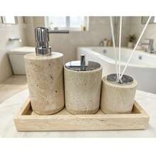 Luxury Marble Bathroom Accessories Set, Soap And Lotion Dispenser Bottles, Reed Diffuser With Tray, Elegant Vanity Storage Box, Home Decor - Beige - View 12