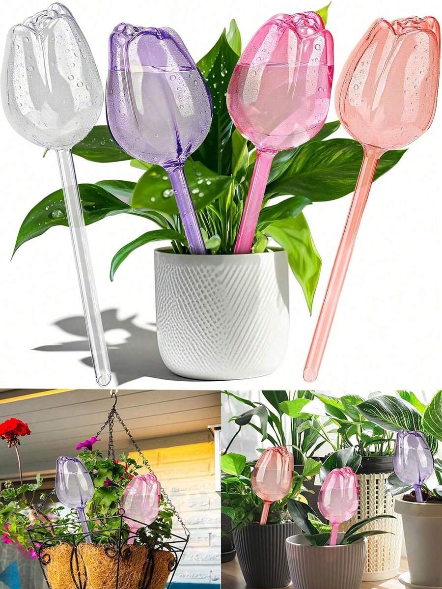 1/5/10 piezas Globos de autorriego con forma de tulipán, con diseño de boca estrecha para prolongar el tiempo de goteo, adecuados para plantas en macetas de interior y exterior, cestas colgantes, herramientas de jardinería y accesorios para el cuidado del césped, globos de riego para plantas, artículos esenciales para el jardín exterior