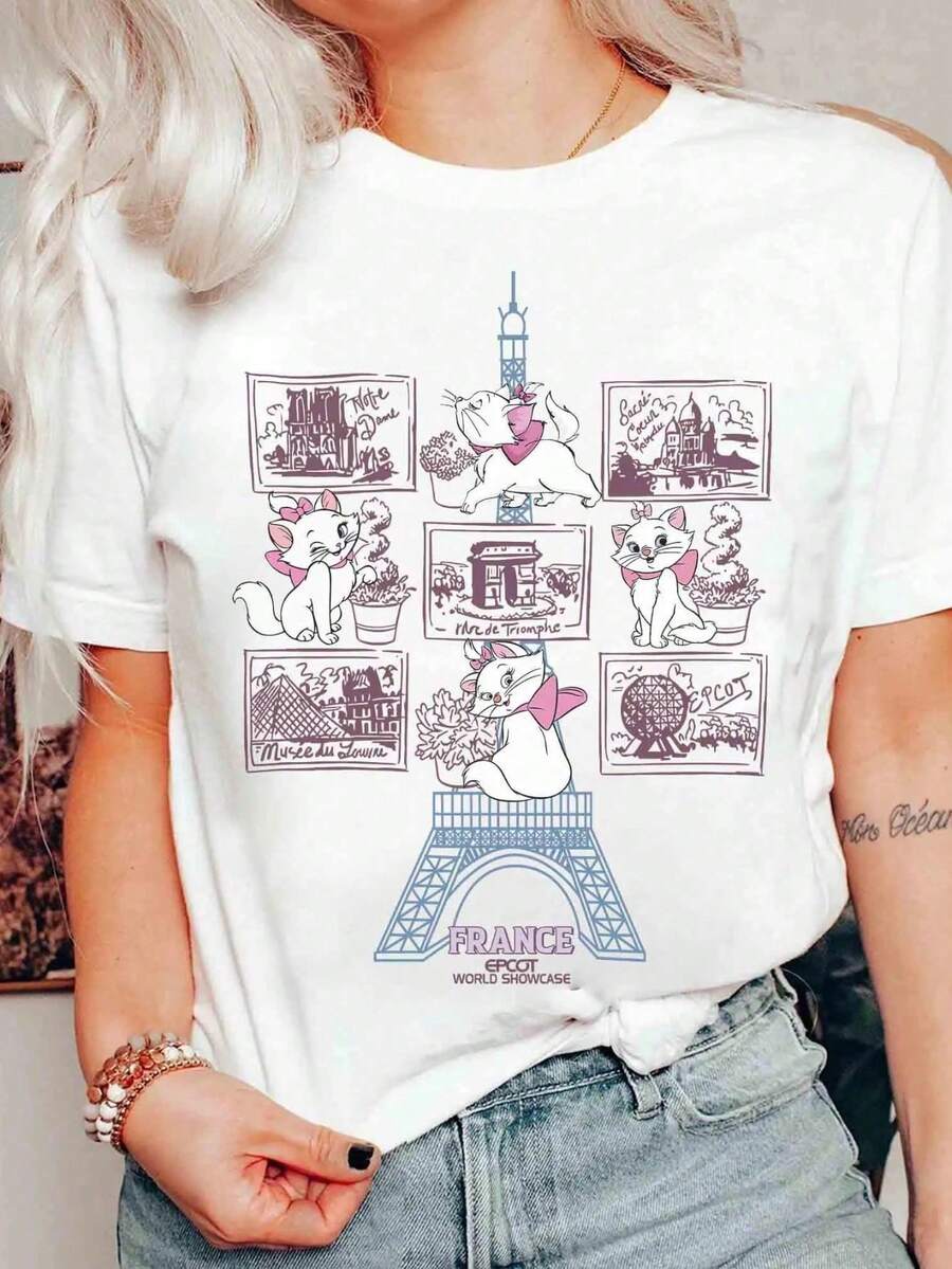 Disney Tee With Marie Cat Print, Perfect For Travel And Birthday. - White - View 1